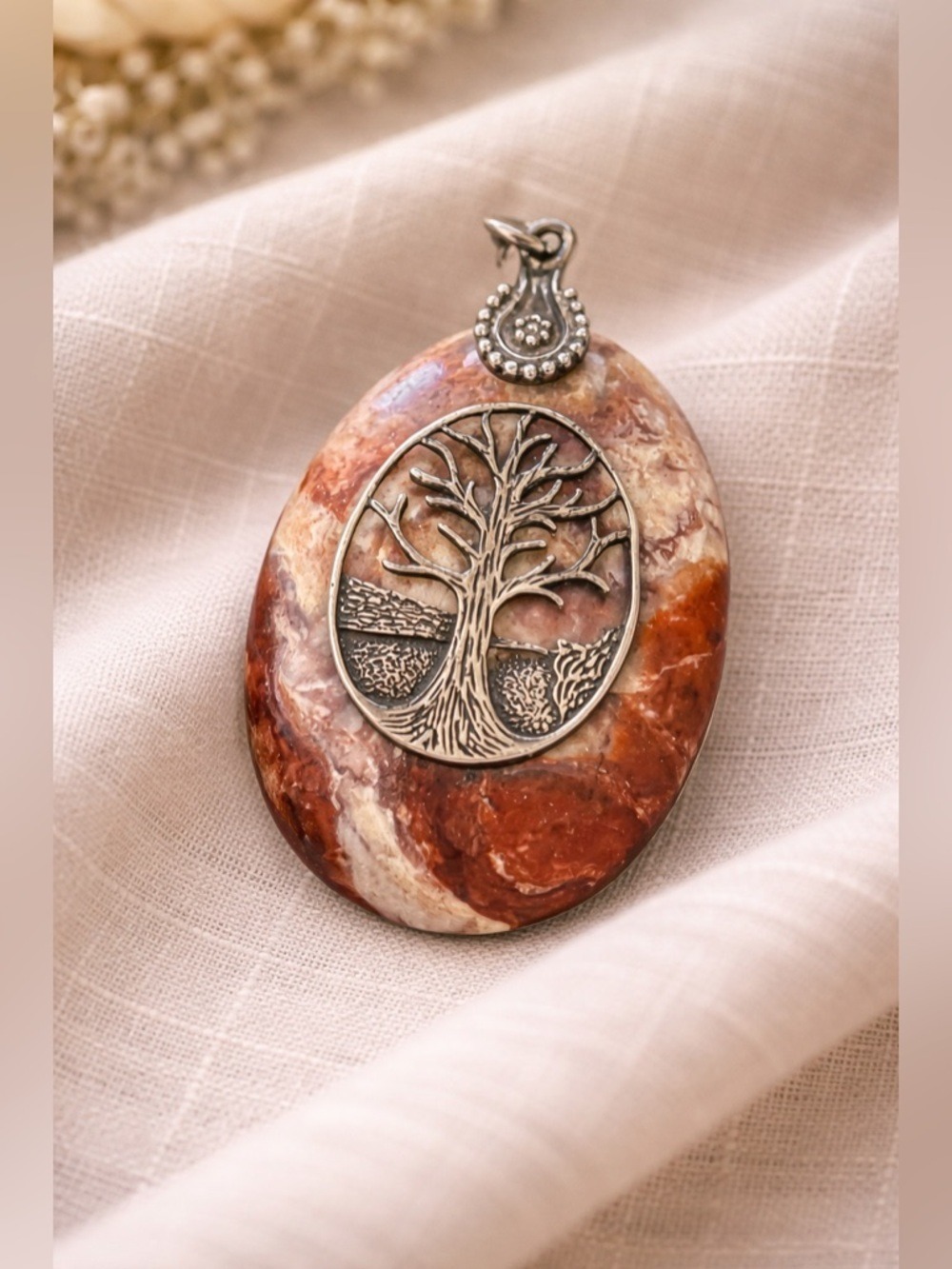 GENUINE Jasper Stone Red Orange and an Iron Large Tree of Life Pendant